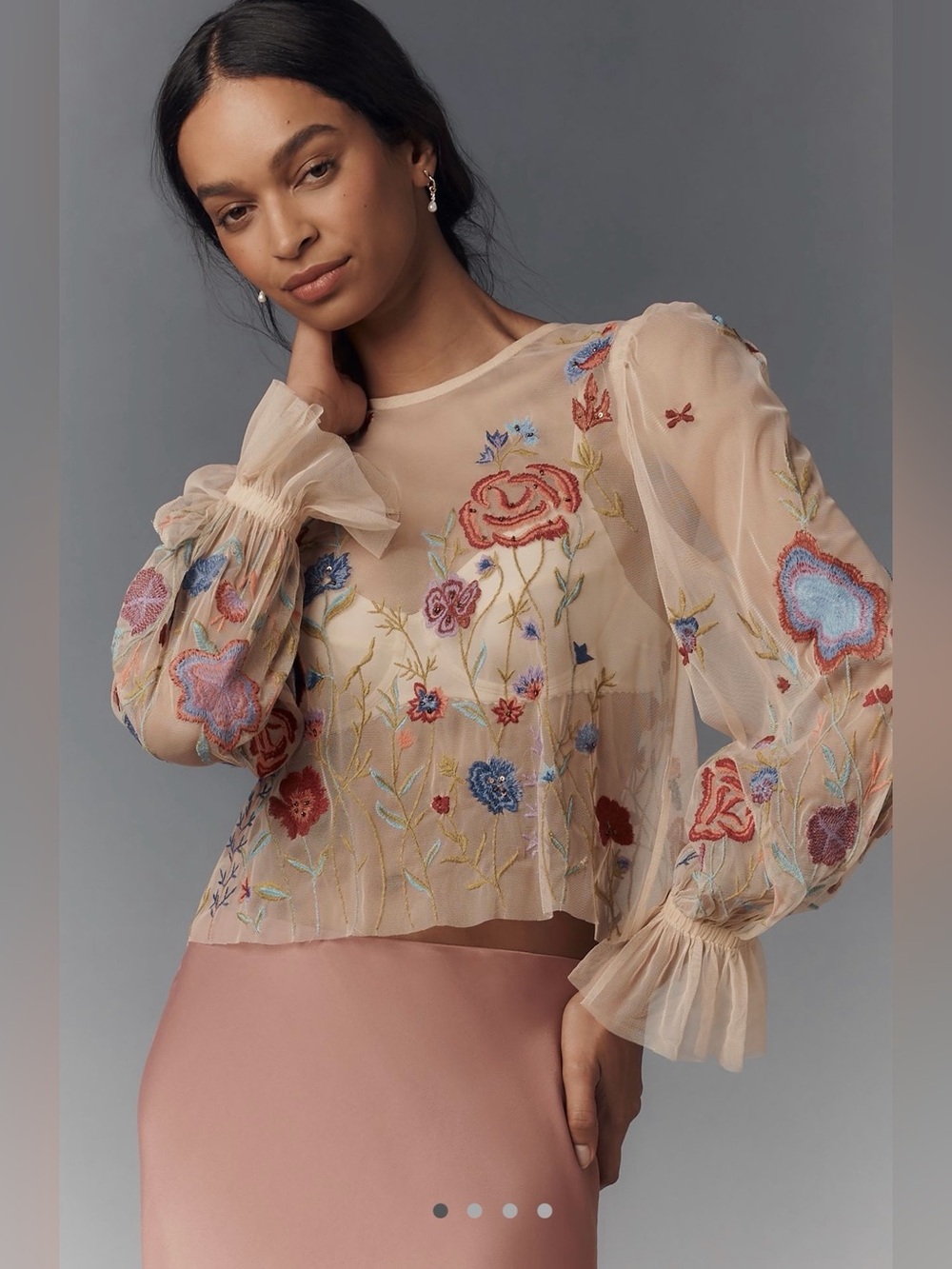 NWOT size Medium Anthropologie The Layla Long-Sleeve Appliqué Mesh Blouse